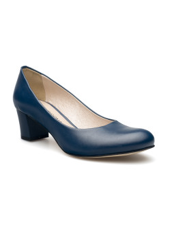 Czółenka damskie na niskim obcasie słupku skóra granatowe