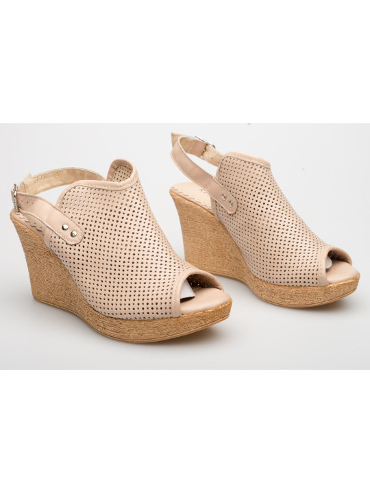 Sandały damskie na koturnie beżowe nude skórzane ażurowe