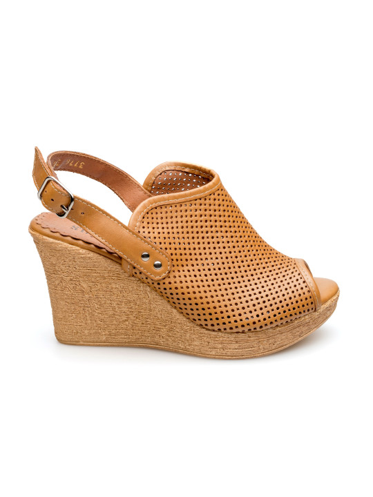 Sandały damskie na koturnie brązowe skórzane ażurowe