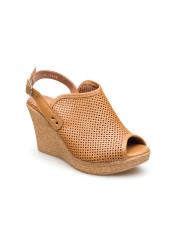 Sandały damskie na koturnie brązowe skórzane ażurowe