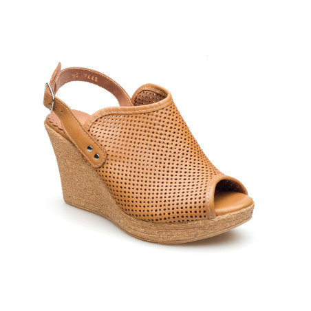 Sandały damskie na koturnie brązowe skórzane ażurowe