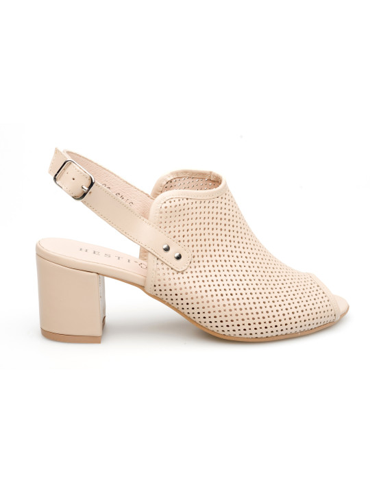 Sandały ażurowe na słupku damskie zakryte skórzane beżowe