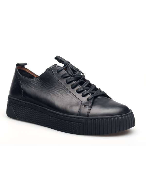 Półbuty damskie skórzane sznurowane sneakersy czarne Produkt Polski