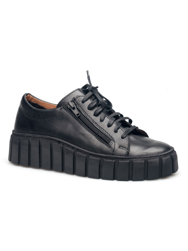 Półbuty damskie skórzane sznurowane sneakersy czarne Produkt Polski