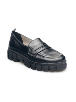 Półbuty damskie mokasyny wysoka podeszwa skórzane czarne Produkt Polski