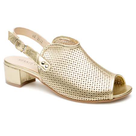 Sandały ażurowe na słupku damskie zakryte skórzane złote