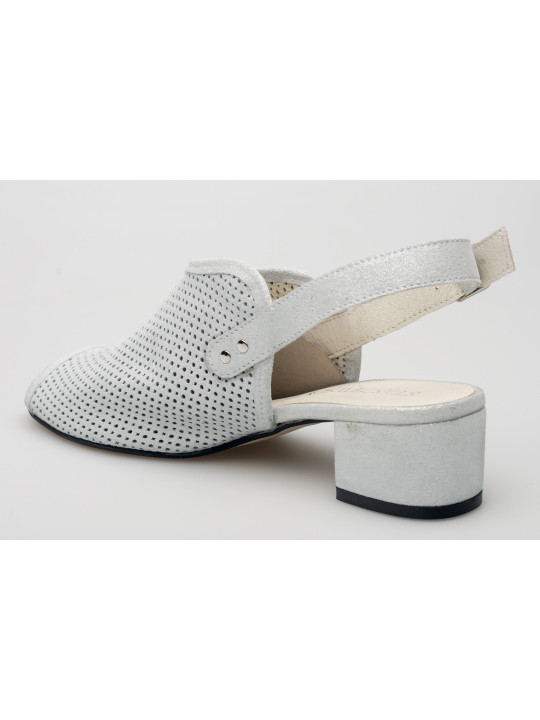 Sandały ażurowe na słupku damskie zakryte skórzane srebrne
