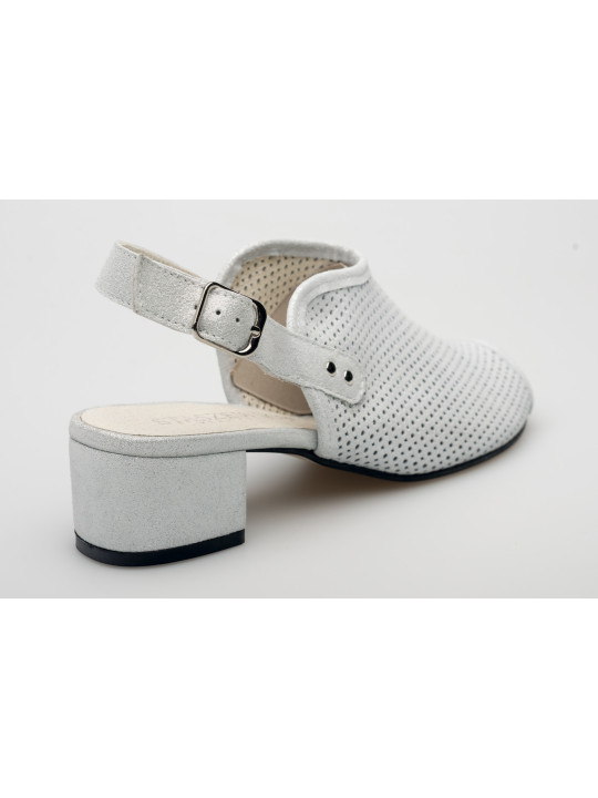 Sandały ażurowe na słupku damskie zakryte skórzane srebrne