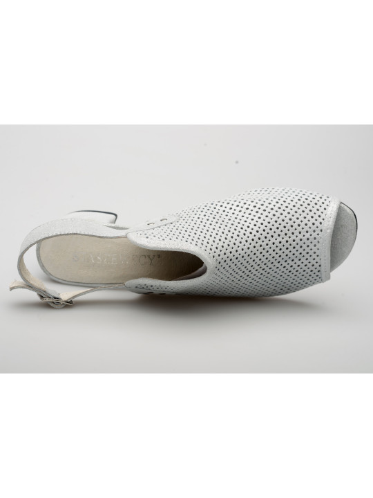 Sandały ażurowe na słupku damskie zakryte skórzane srebrne