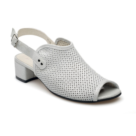 Sandały ażurowe na słupku damskie zakryte skórzane srebrne