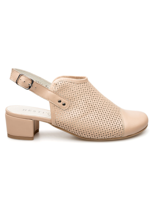 Sandały ażurowe na słupku damskie zakryte palce skórzane beżowe