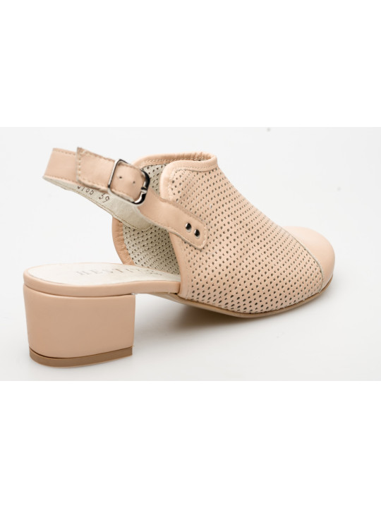 Sandały ażurowe na słupku damskie zakryte palce skórzane beżowe