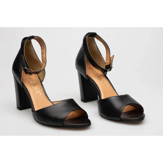 Sandały damskie zakryta pięta skórzane czarne PRODUKT POLSKI