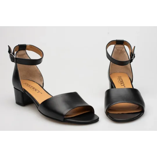 Sandały damskie zakryta pięta skórzane czarne PRODUKT POLSKI