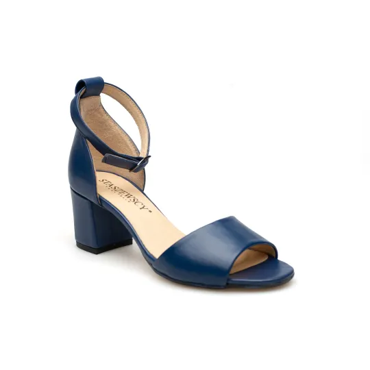 Sandały damskie zakryta pięta skórzane granatowe PRODUKT POLSKI
