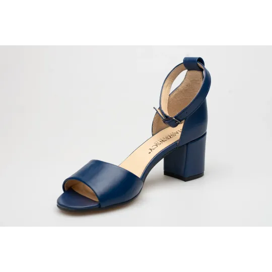 Sandały damskie zakryta pięta skórzane granatowe PRODUKT POLSKI