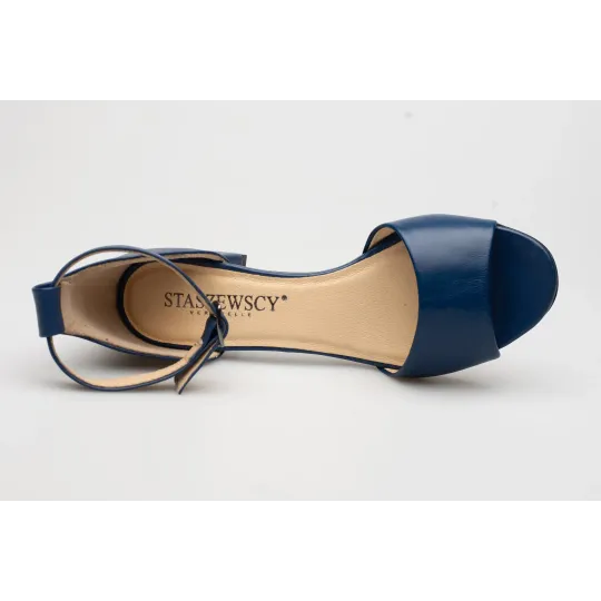Sandały damskie zakryta pięta skórzane granatowe PRODUKT POLSKI