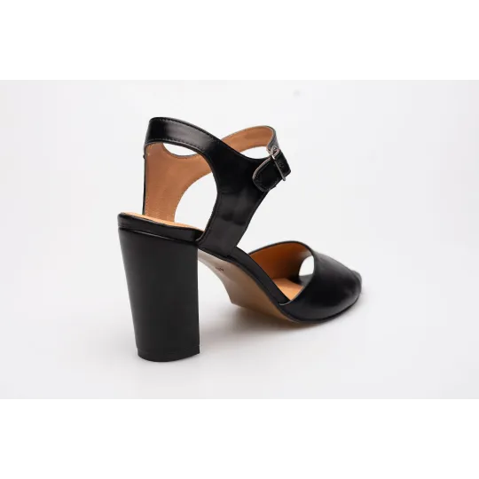 Sandały na słupku odkryta pięta palce skórzane czarne PRODUKT POLSKI