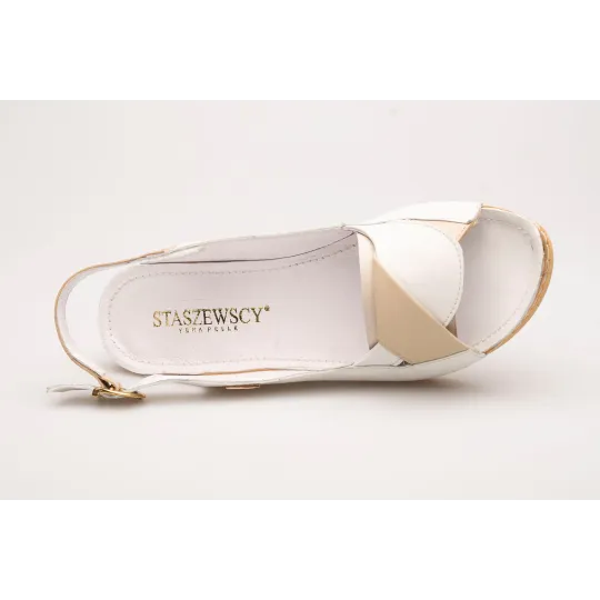 Sandały na koturnie odkryta pięta palce skórzane białe PRODUKT POLSKI