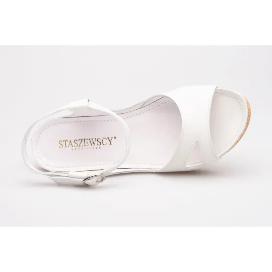 Sandały na koturnie odkryta pięta palce skórzane białe PRODUKT POLSKI