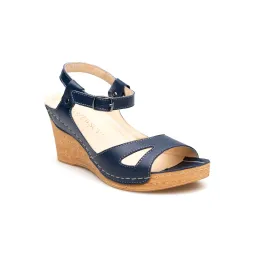 Sandały na koturnie odkryta pięta palce skórzane granatowe PRODUKT POLSKI