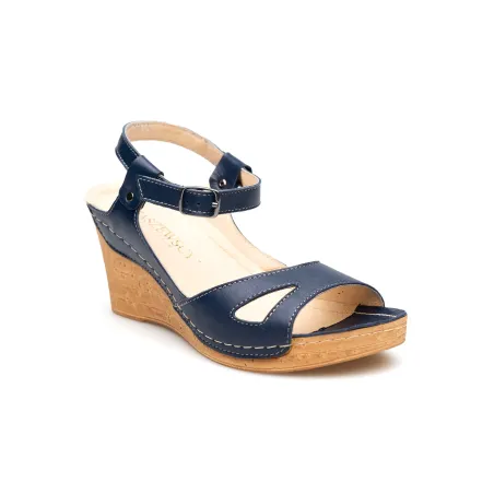 Sandały na koturnie odkryta pięta palce skórzane granatowe PRODUKT POLSKI