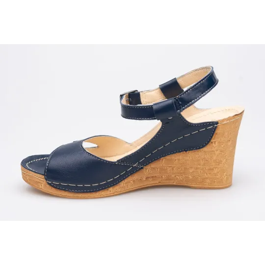 Sandały na koturnie odkryta pięta palce skórzane granatowe PRODUKT POLSKI