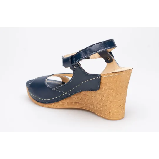 Sandały na koturnie odkryta pięta palce skórzane granatowe PRODUKT POLSKI