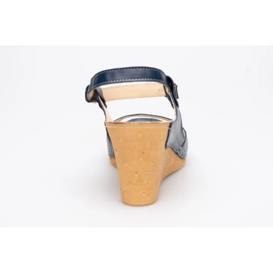 Sandały na koturnie odkryta pięta palce skórzane granatowe PRODUKT POLSKI