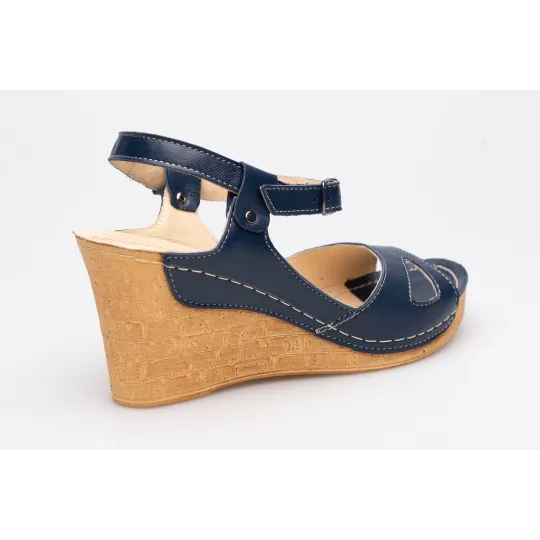 Sandały na koturnie odkryta pięta palce skórzane granatowe PRODUKT POLSKI