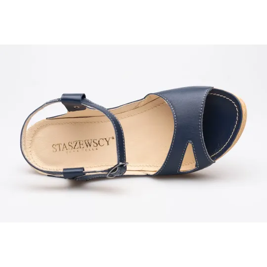 Sandały na koturnie odkryta pięta palce skórzane granatowe PRODUKT POLSKI