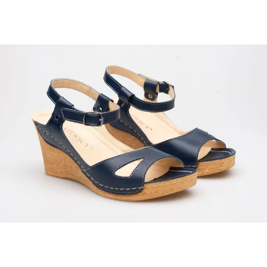 Sandały na koturnie odkryta pięta palce skórzane granatowe PRODUKT POLSKI