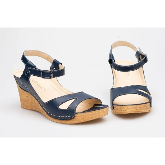 Sandały na koturnie odkryta pięta palce skórzane granatowe PRODUKT POLSKI