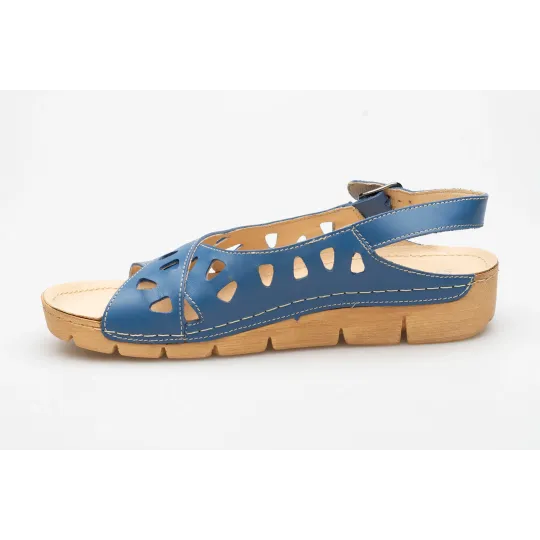 Sandały damskie odkryta pięta palce skórzane ażurowe niebieskie PRODUKT POLSKI
