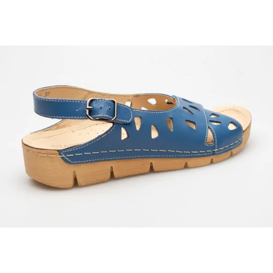 Sandały damskie odkryta pięta palce skórzane ażurowe niebieskie PRODUKT POLSKI