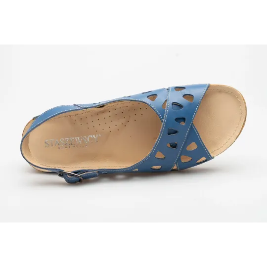 Sandały damskie odkryta pięta palce skórzane ażurowe niebieskie PRODUKT POLSKI