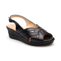 Sandały na koturnie odkryta pięta palce skórzane czarne PRODUKT POLSKI