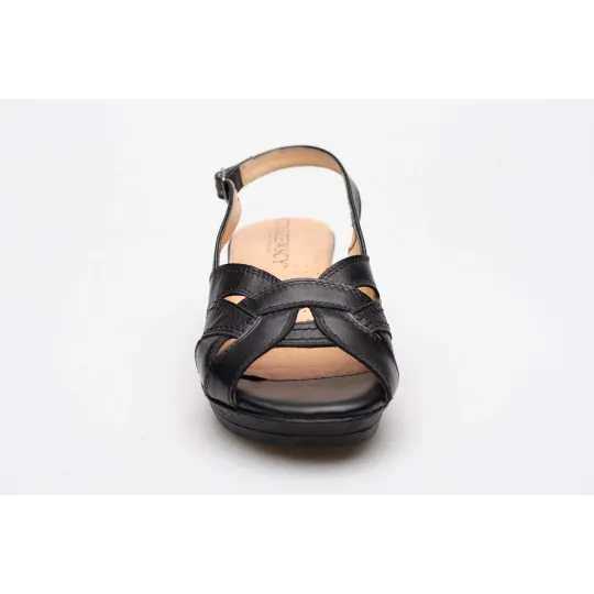 Sandały na koturnie odkryta pięta palce skórzane czarne PRODUKT POLSKI