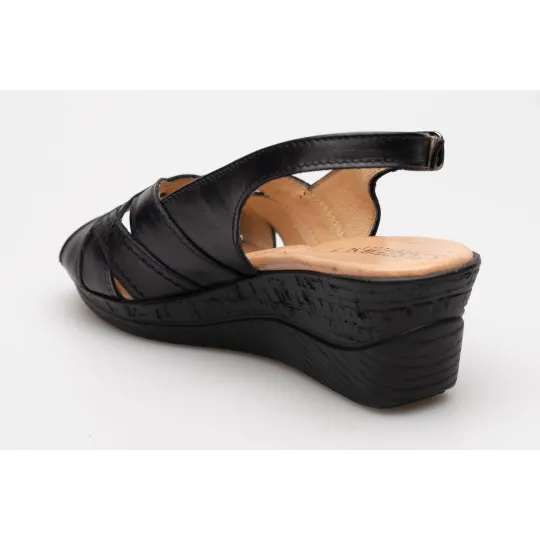 Sandały na koturnie odkryta pięta palce skórzane czarne PRODUKT POLSKI