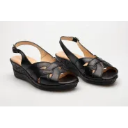 Sandały na koturnie odkryta pięta palce skórzane czarne PRODUKT POLSKI