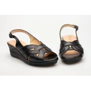 Sandały na koturnie odkryta pięta palce skórzane czarne PRODUKT POLSKI