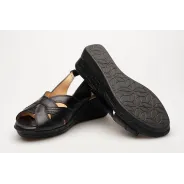 Sandały na koturnie odkryta pięta palce skórzane czarne PRODUKT POLSKI