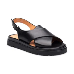 Sandaly damskie płaska gruba podeszwa odkryta pięta czarne skórzane PRODUKT POLSKI