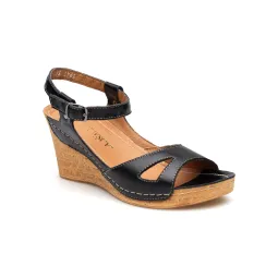 Sandały na koturnie odkryta pięta palce skórzane czarne PRODUKT POLSKI