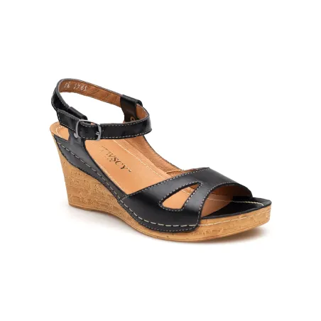 Sandały na koturnie odkryta pięta palce skórzane czarne PRODUKT POLSKI
