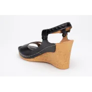 Sandały na koturnie odkryta pięta palce skórzane czarne PRODUKT POLSKI