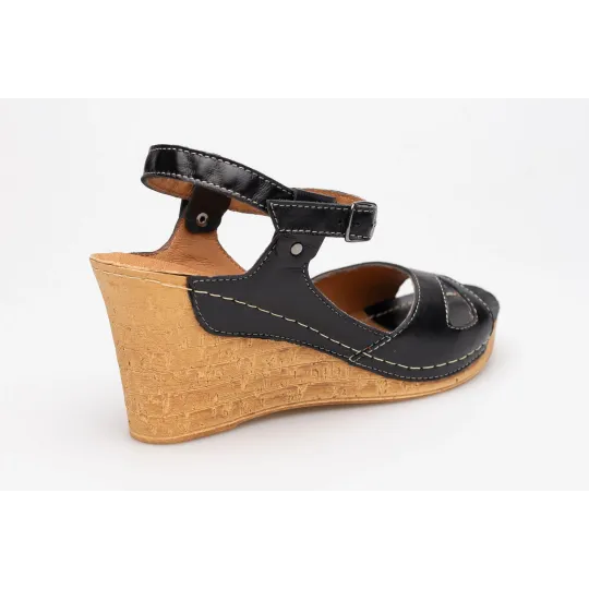 Sandały na koturnie odkryta pięta palce skórzane czarne PRODUKT POLSKI