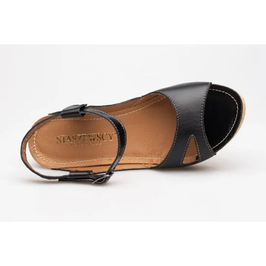 Sandały na koturnie odkryta pięta palce skórzane czarne PRODUKT POLSKI