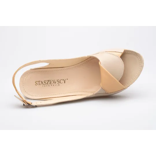 Sandały na koturnie odkryta pięta palce skórzane beżowe PRODUKT POLSKI