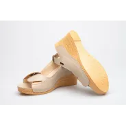 Sandały na koturnie odkryta pięta palce skórzane beżowe PRODUKT POLSKI